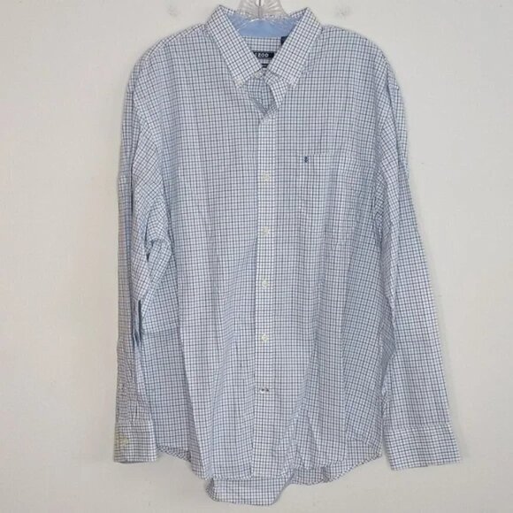 Izod Long Sleeve Plaid Button Down Shirt White Blue Dress Shirt - Picture 1 of 5